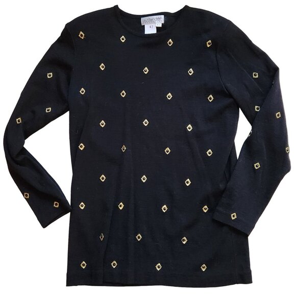 Vtg 90s Outlander Collection Black Gold Beaded Tunic Sweater Wool Blend Medium - Picture 2 of 6